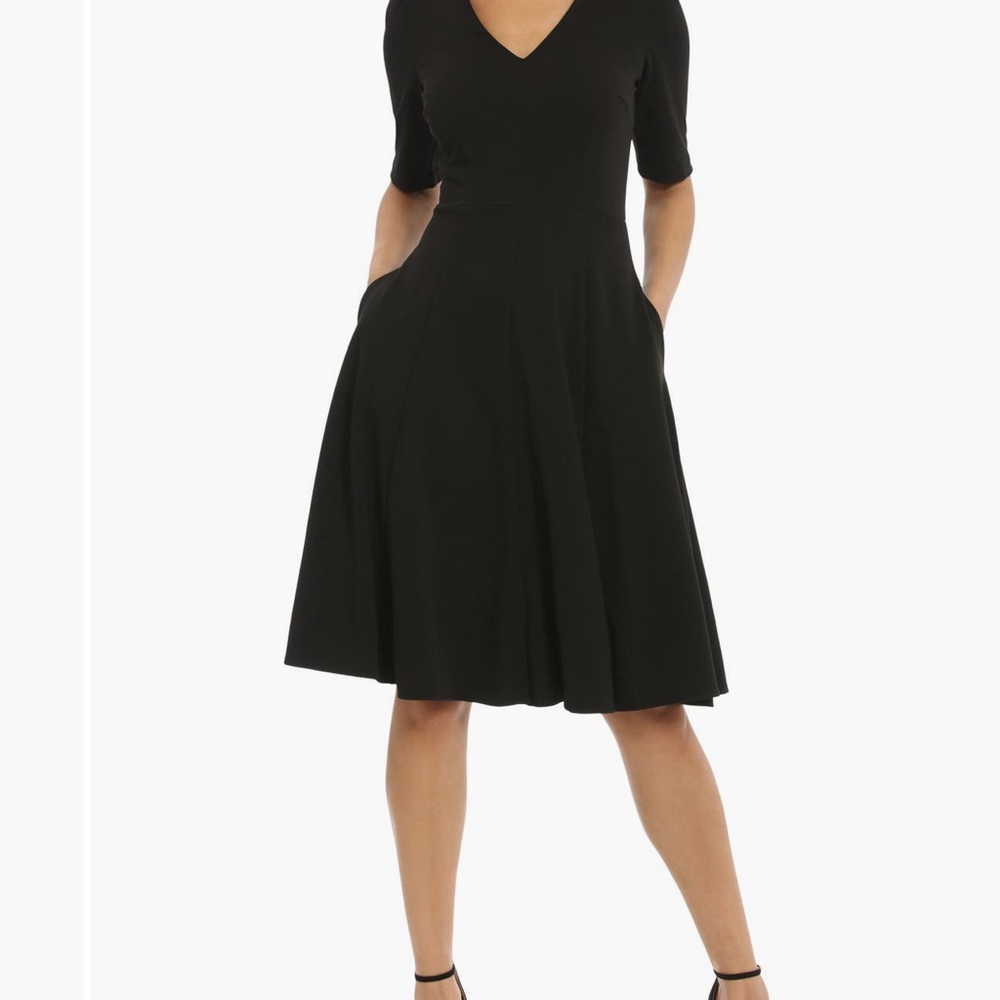 Donna Morgan Black A-Line Midi Dress V-Neck Short Sleeve